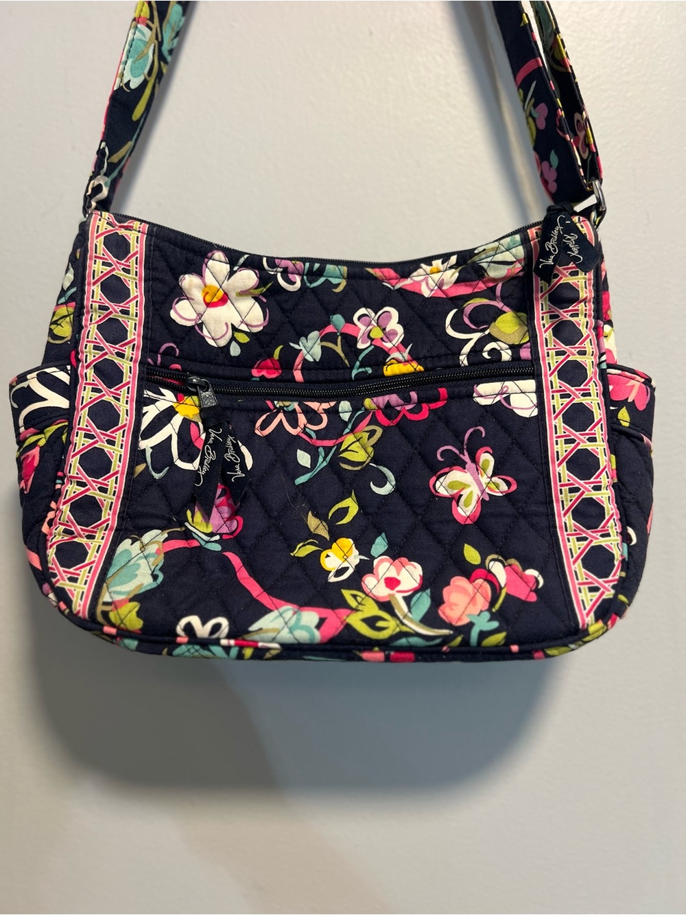 Vera Bradley Navy Quilted Shoulder Bag with Pink & Teal Floral Print